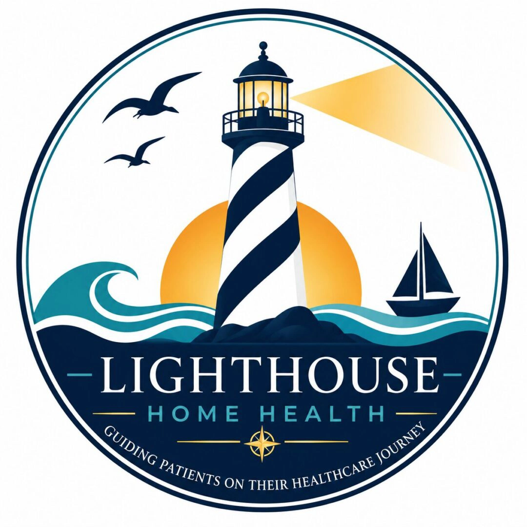 Lighthouse Home Health logo: lighthouse, sun, waves