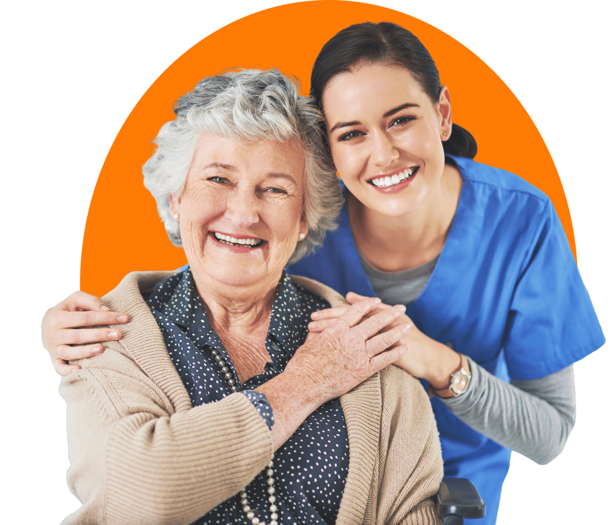 Elderly woman and caregiver smiling together.